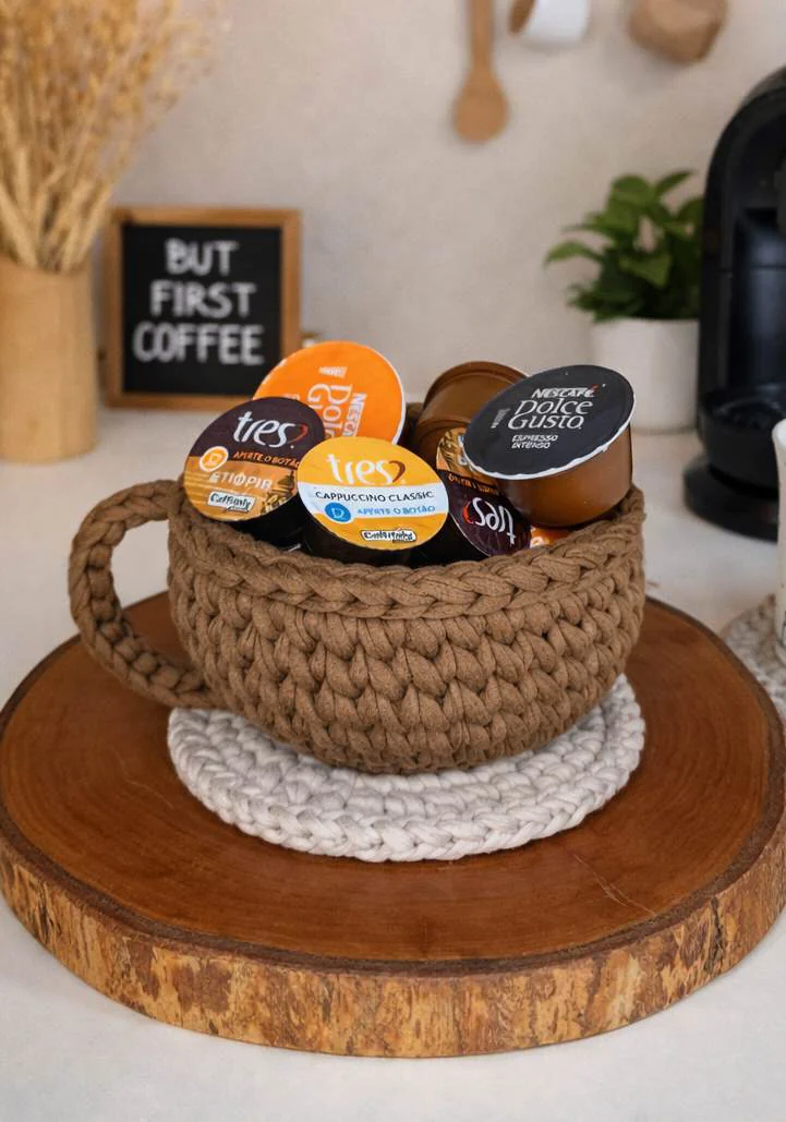 Cesto de crochê bege usado como organizador de cápsulas de café